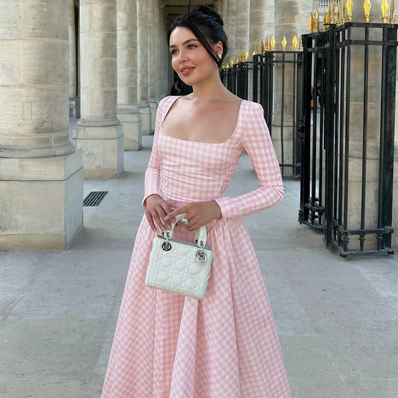 Checked Square-Neck Dress with Long Sleeves