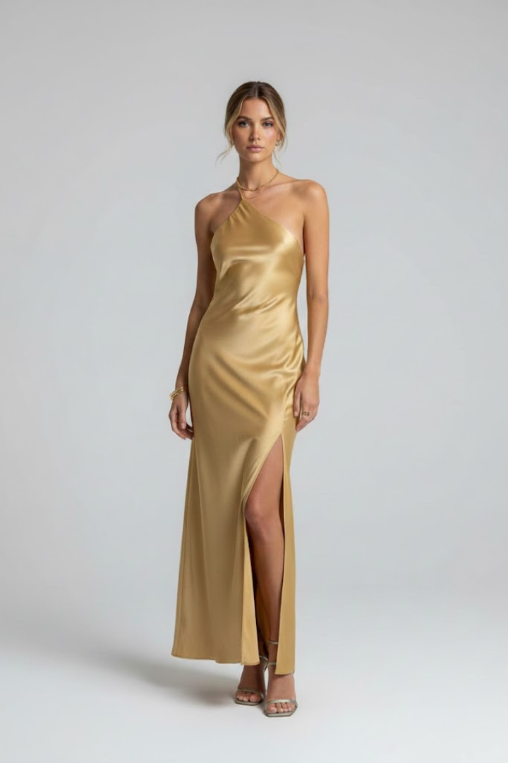 Women’s Maxi Dress with Slit and Asymmetric Neckline
