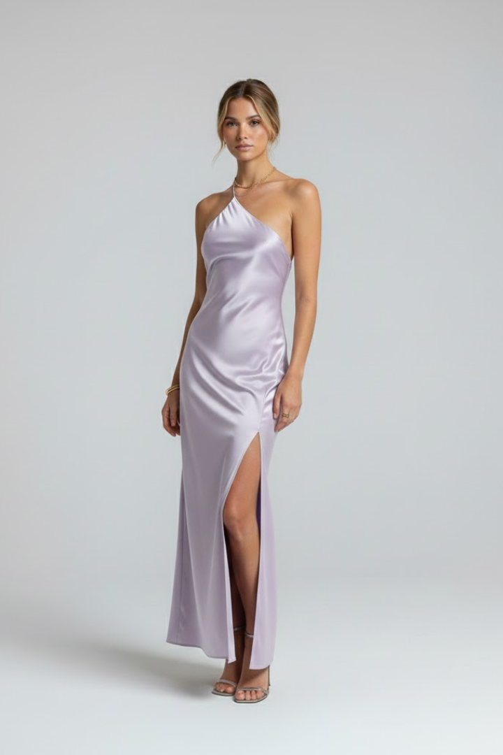 Women’s Maxi Dress with Slit and Asymmetric Neckline