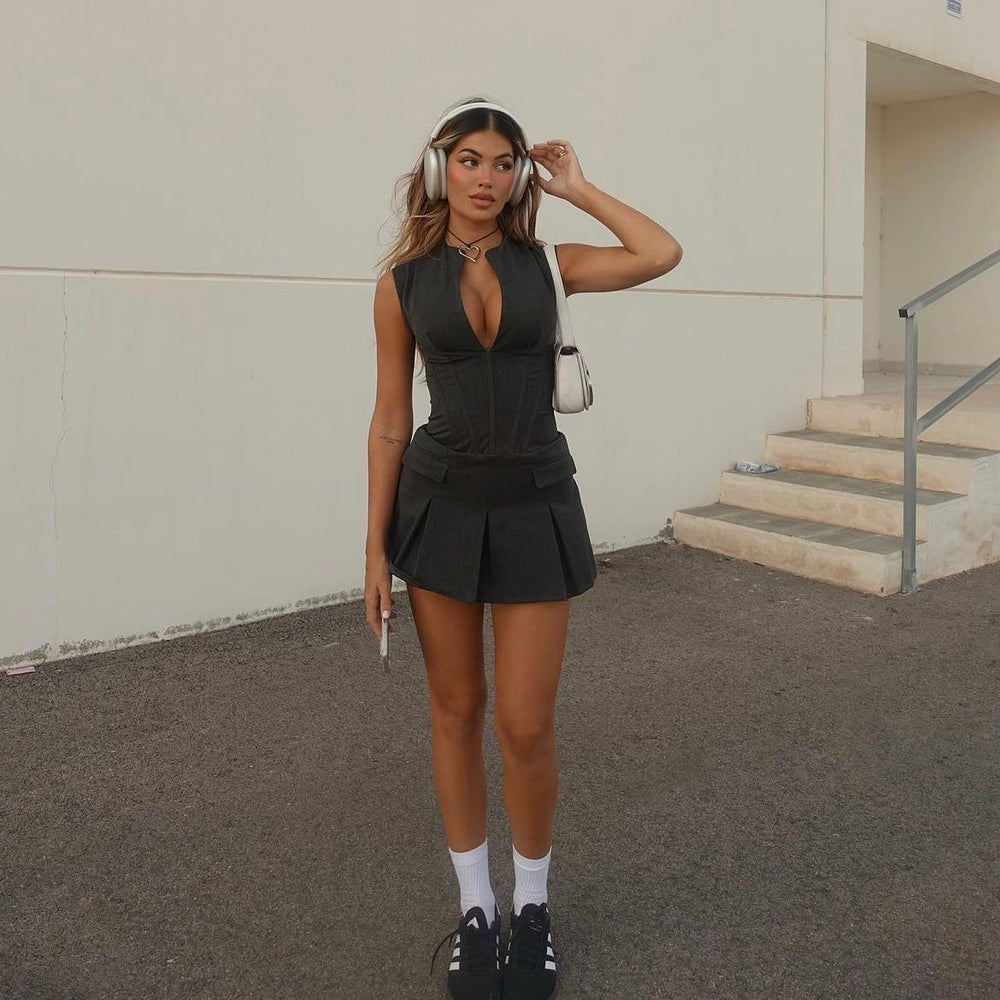 Women’s Mini Dress with Pleated Skirt and Plunge Neckline