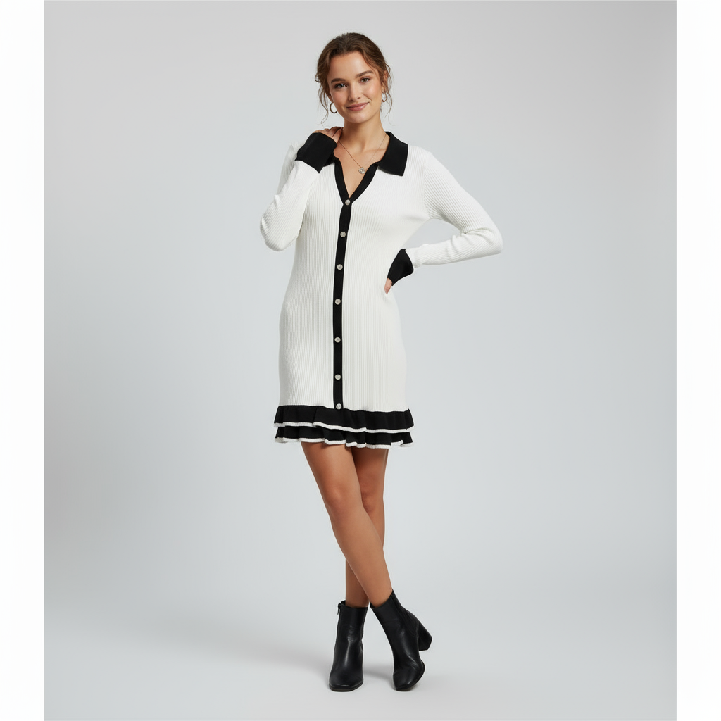 Ribbed Button-Down Dress with Structured Collar