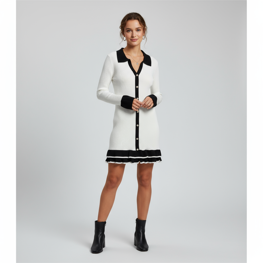 Ribbed Button-Down Dress with Structured Collar