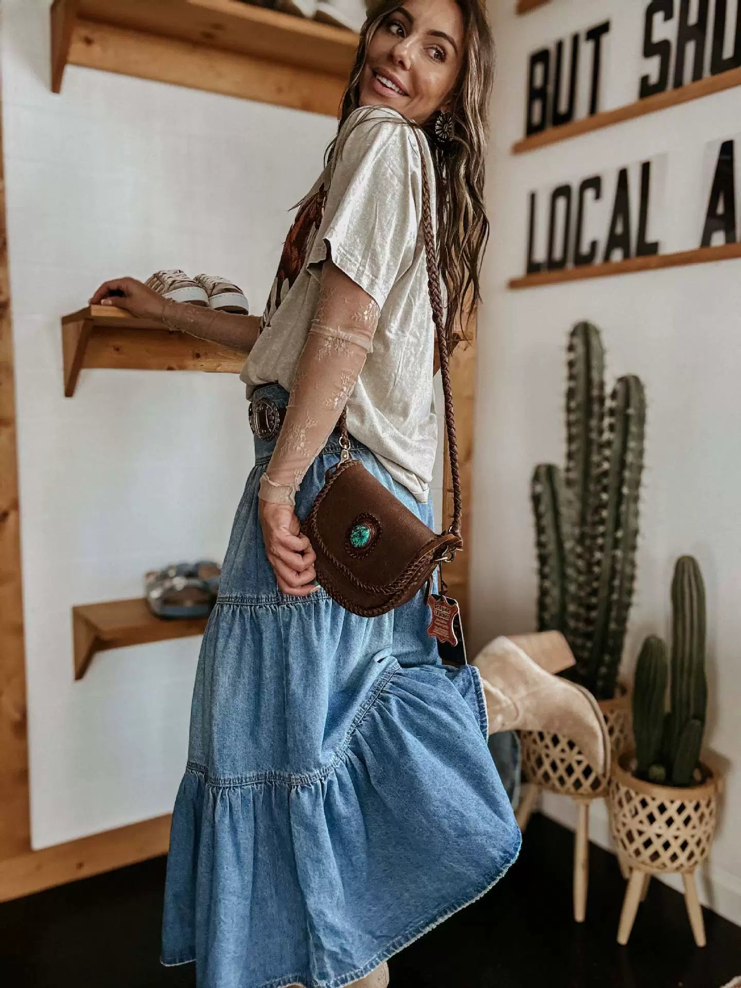 Women’s Denim Maxi Skirt with Buttons and Tiers