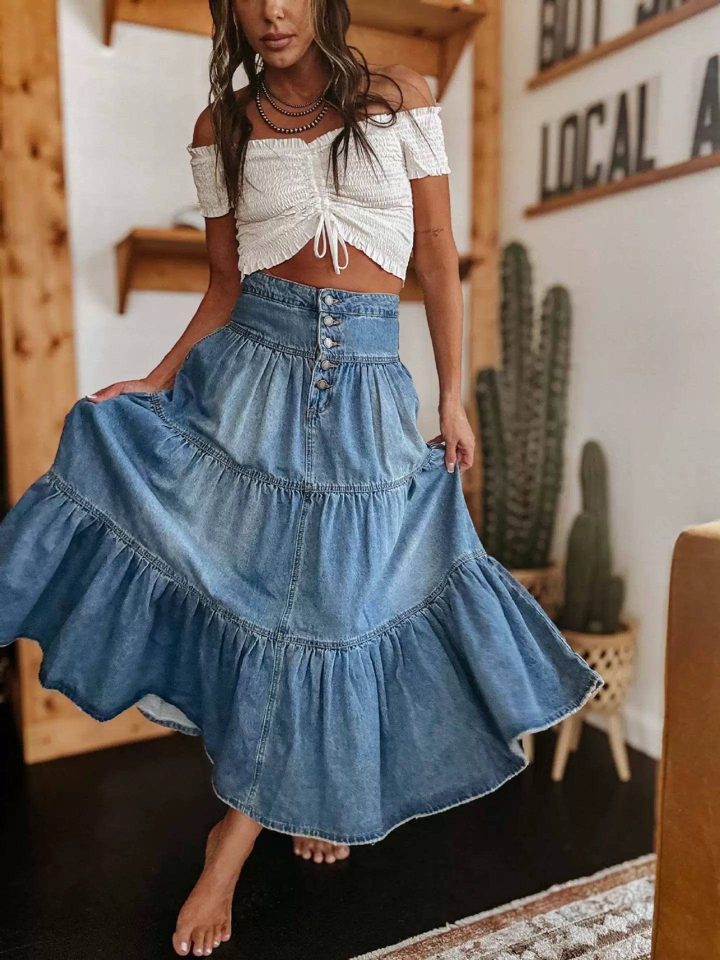 Women’s Denim Maxi Skirt with Buttons and Tiers