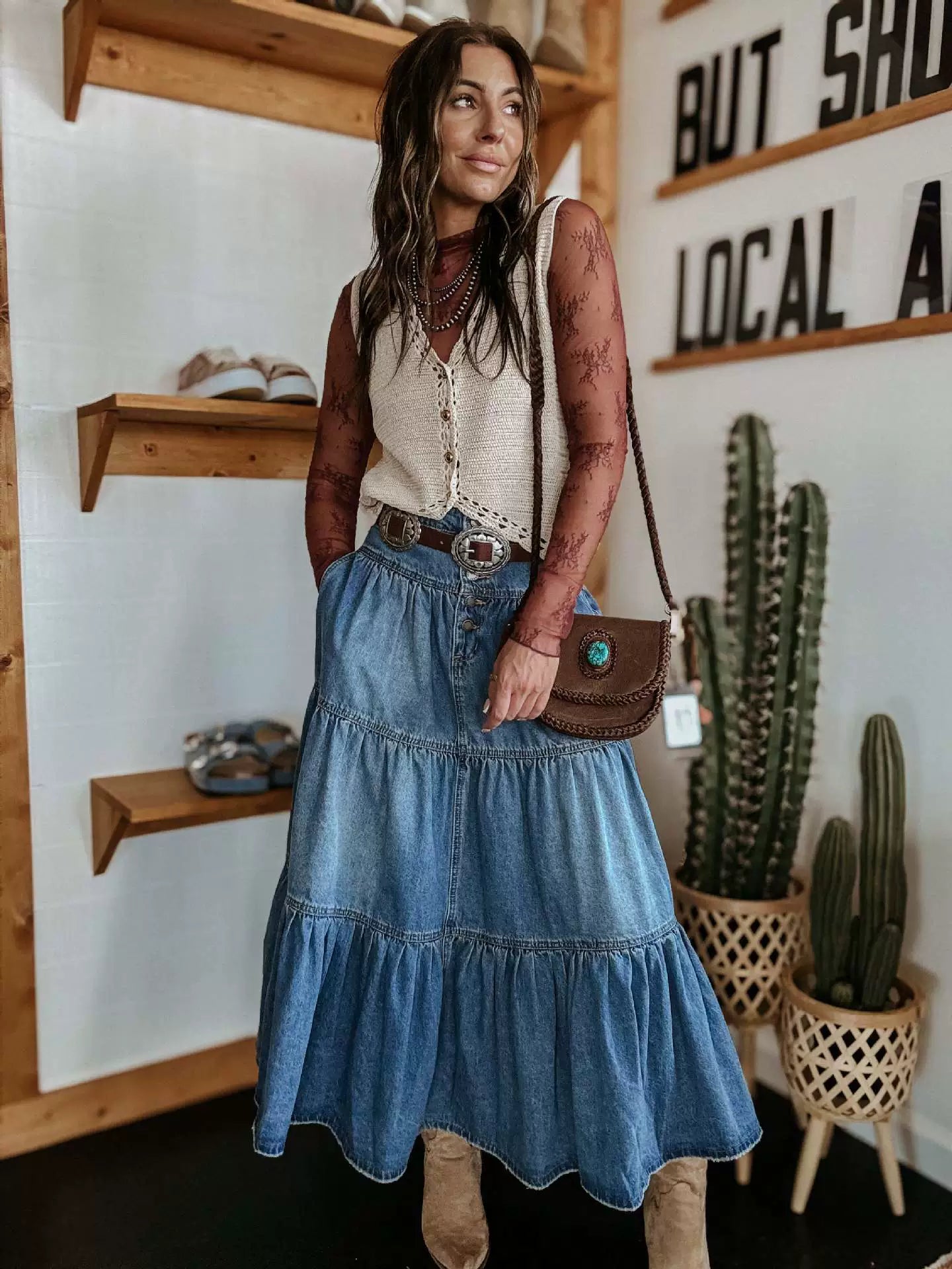 Women’s Denim Maxi Skirt with Buttons and Tiers