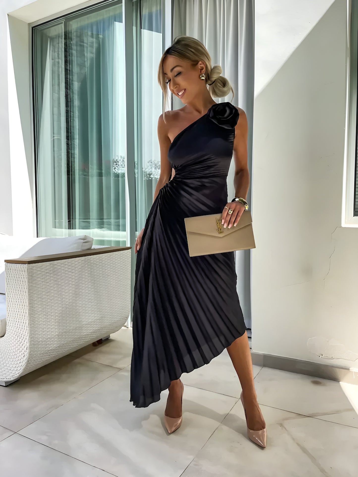 One-Shoulder Pleated Maxi Dress for Women