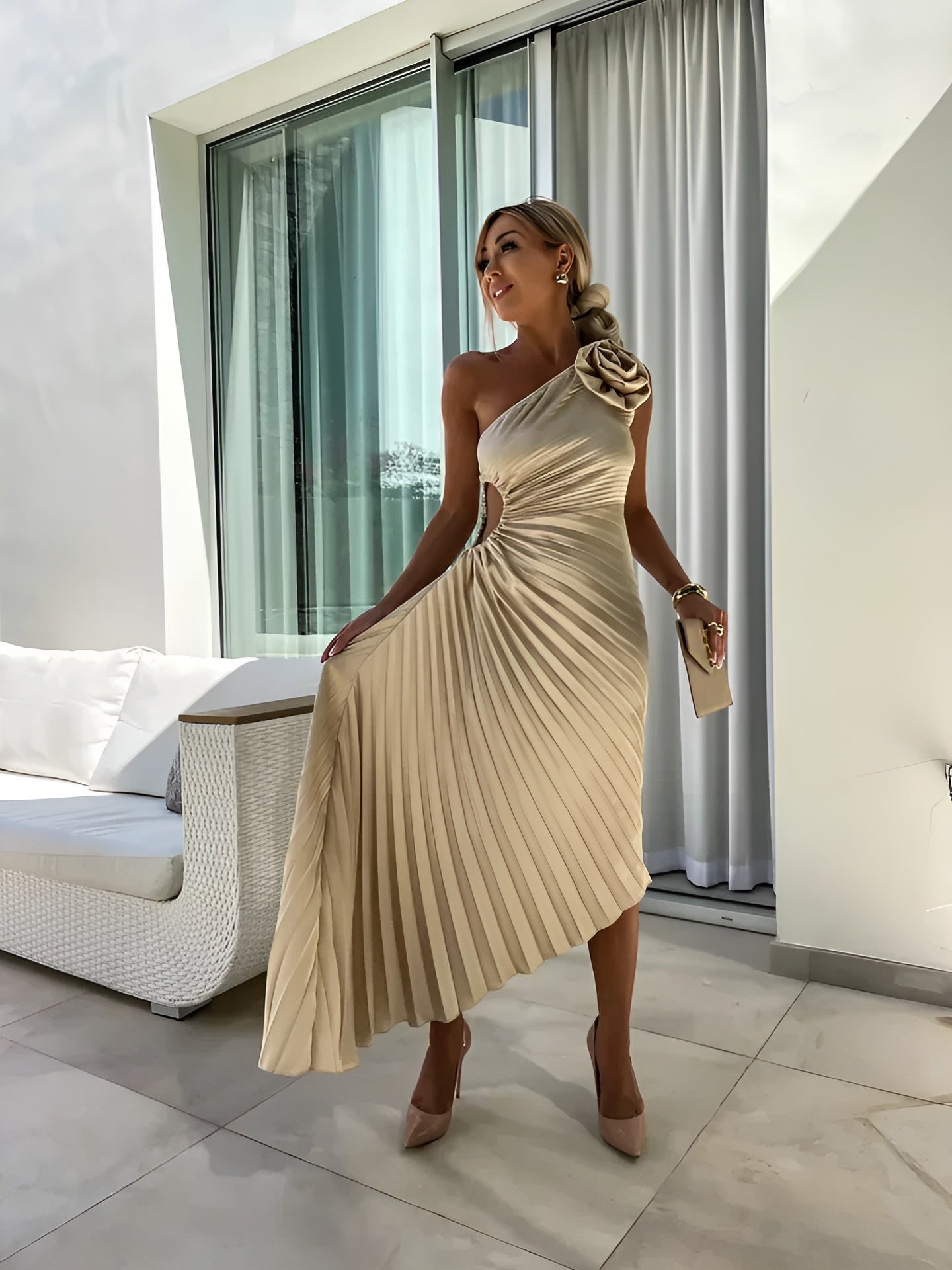 One-Shoulder Pleated Maxi Dress for Women