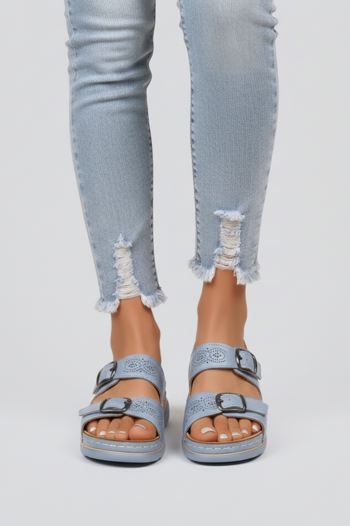 Women’s Open-Toe Sandals with Buckle Straps and Flat Sole