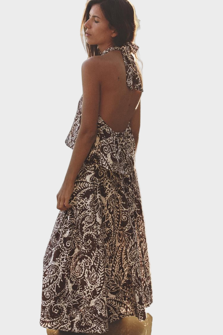 Women’s Printed Halter Crop Top and Belted A-Line Skirt Set