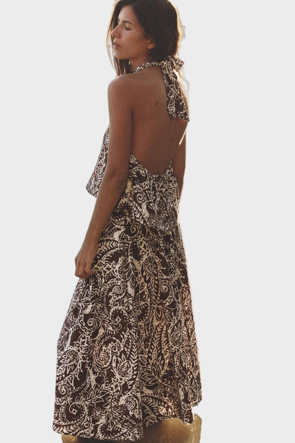 Women’s Printed Halter Crop Top and Belted A-Line Skirt Set