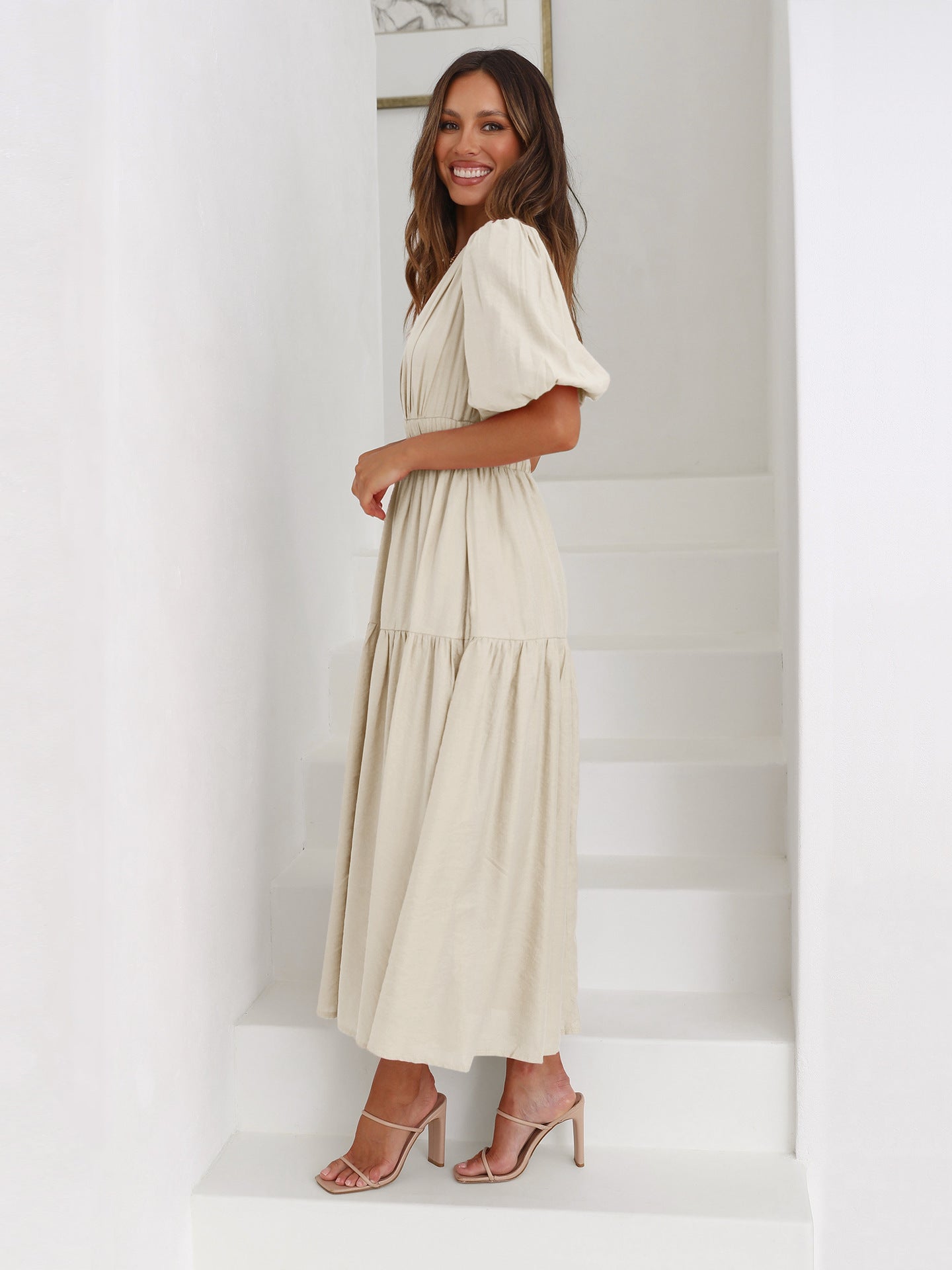 Puff Sleeve Midi Dress with Tiered Skirt