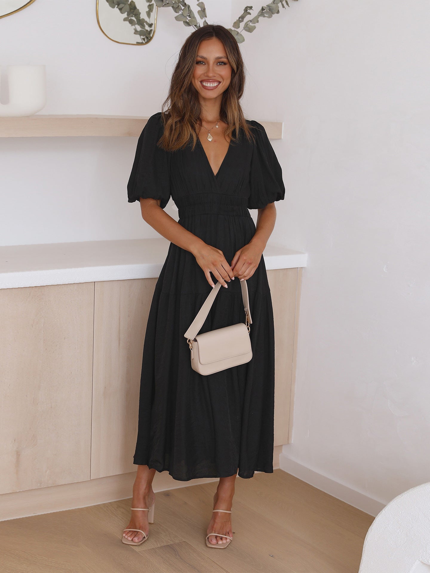 Puff Sleeve Midi Dress with Tiered Skirt