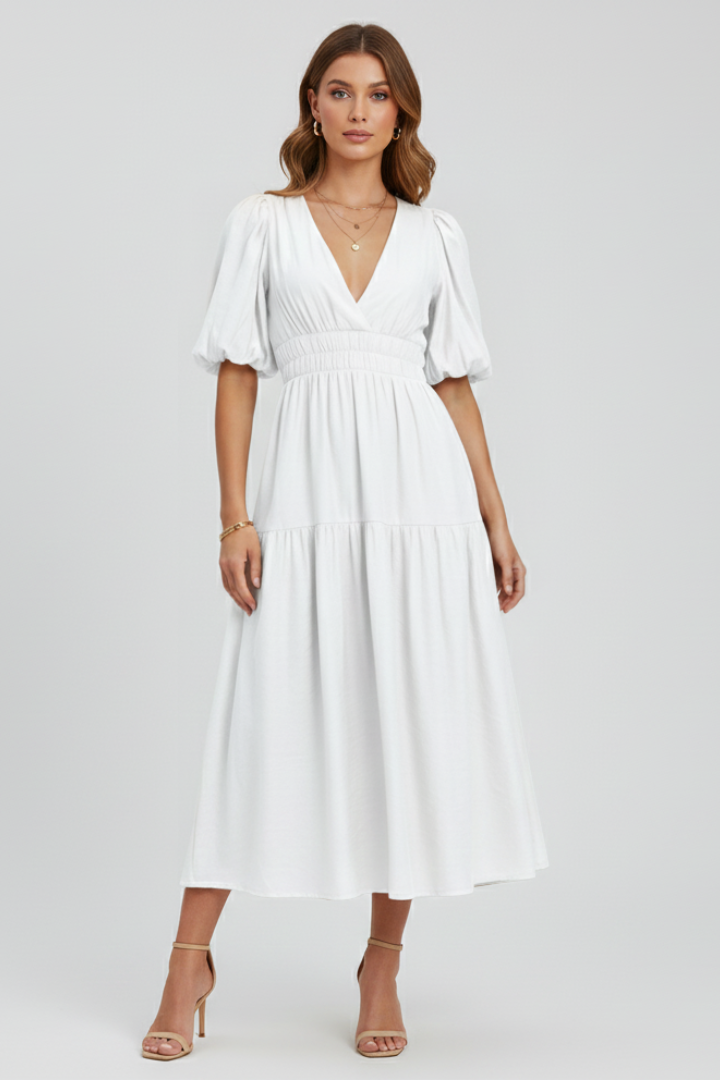 Women’s Midi Dress with V-Neckline and Puff Sleeves