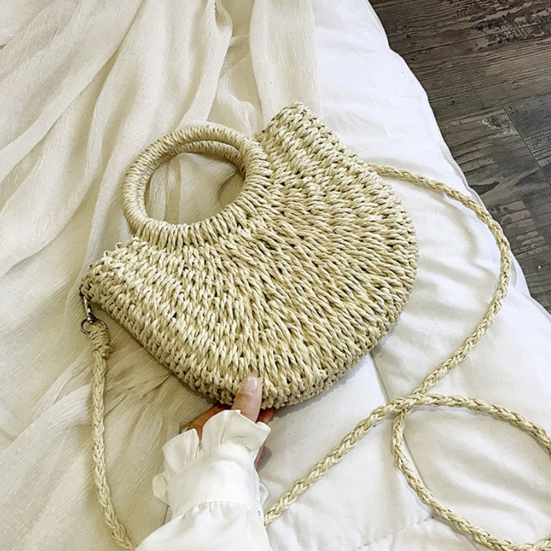 Rattan Shoulder Bag with Removable Strap for Women