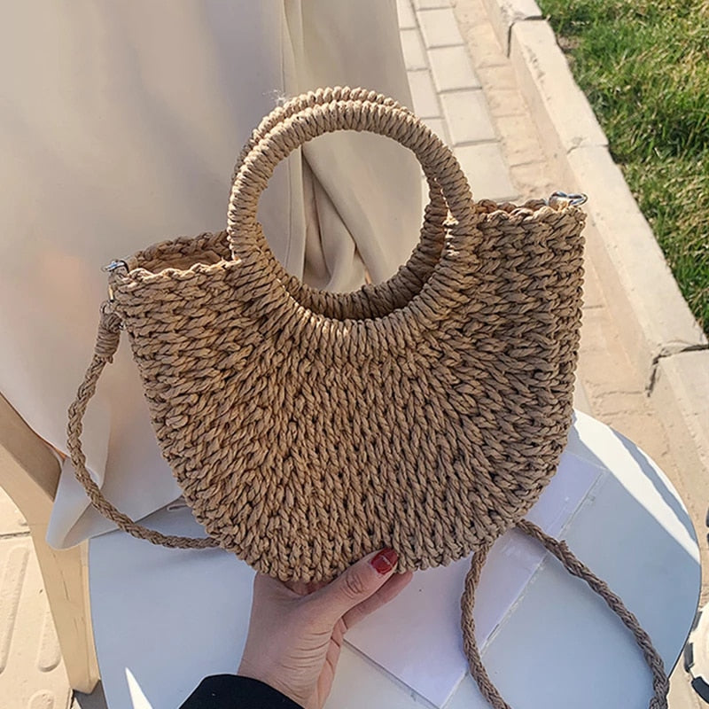Rattan Shoulder Bag with Removable Strap for Women