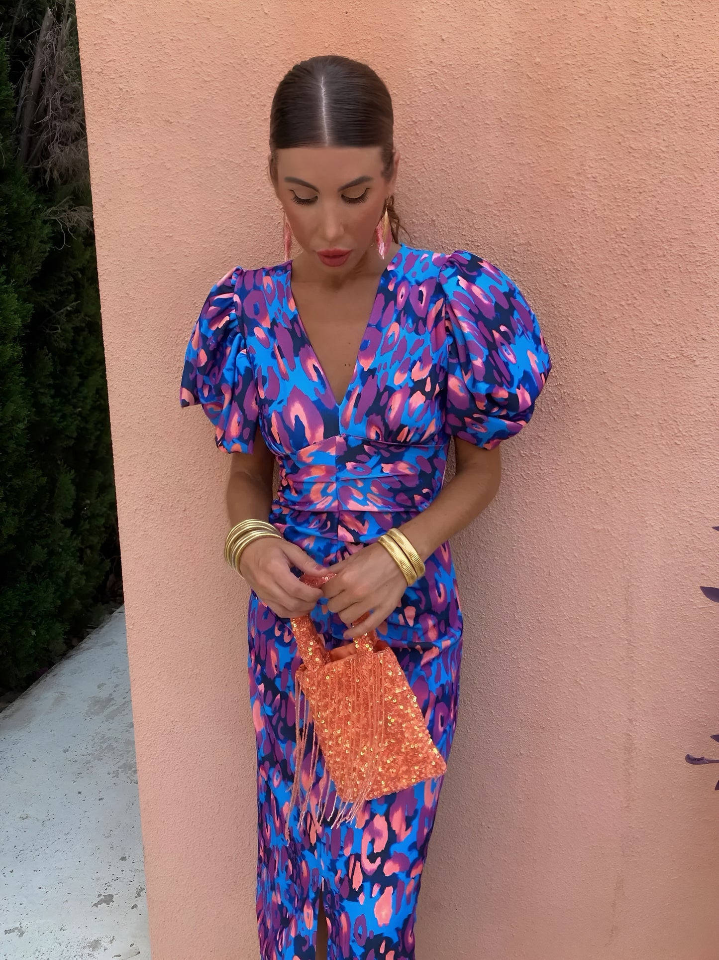 Women's Ruched Puff Sleeve Midi Dress With Abstract Print
