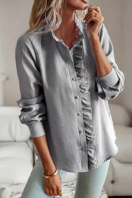 Ruffled Button-Down Blouse with Long Sleeves