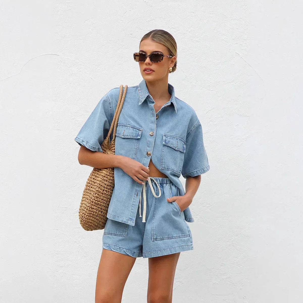 Denim Two-Piece Set with Jacket and Shorts For Womens