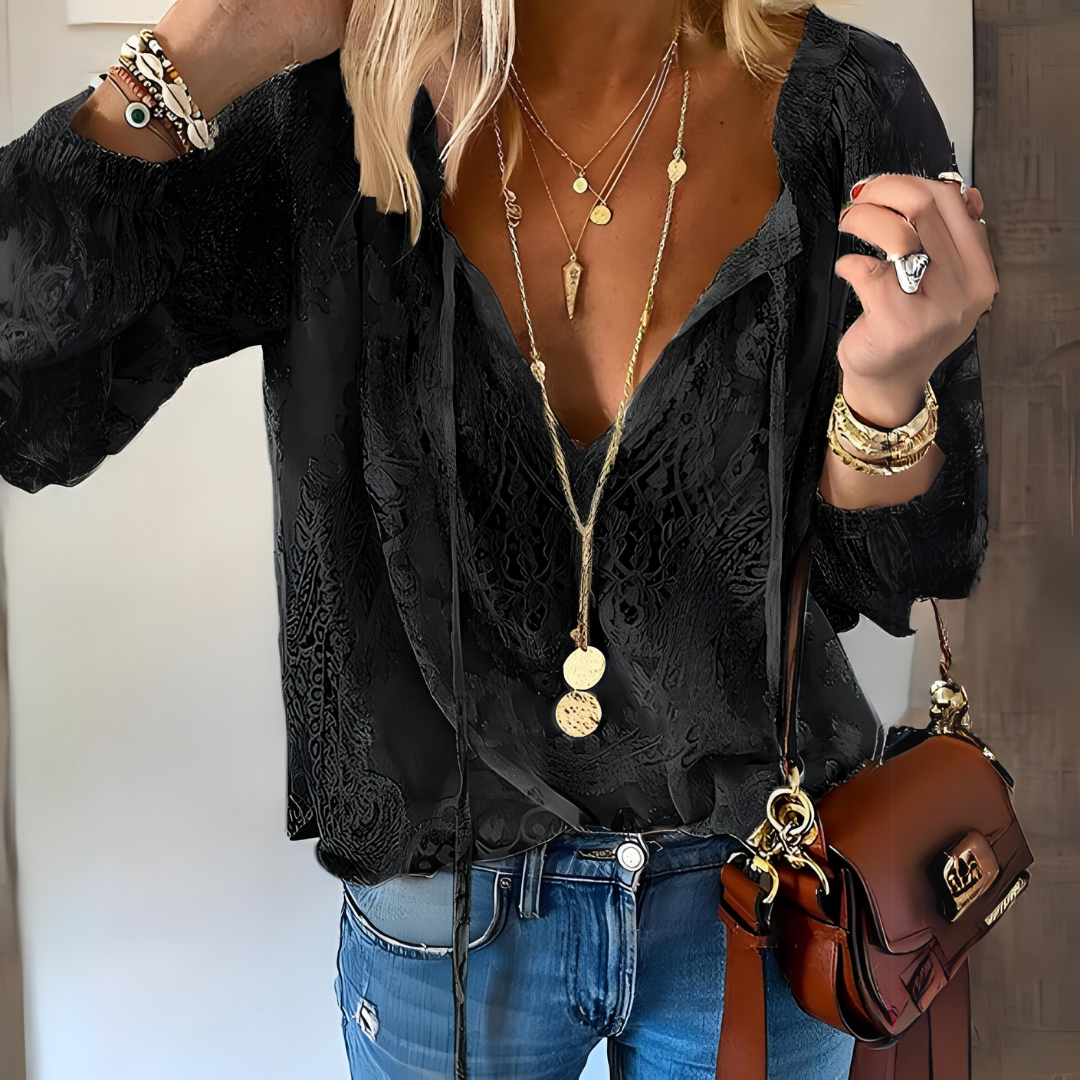Women’s Sheer Crochet Detail Tie Neck Blouse