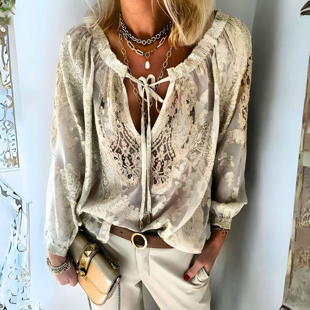 Women’s Sheer Crochet Detail Tie Neck Blouse