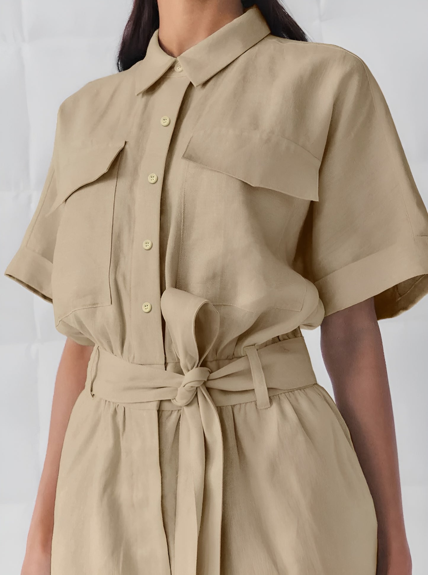 Short Sleeve Button-Front Jumpsuit With Waist Tie