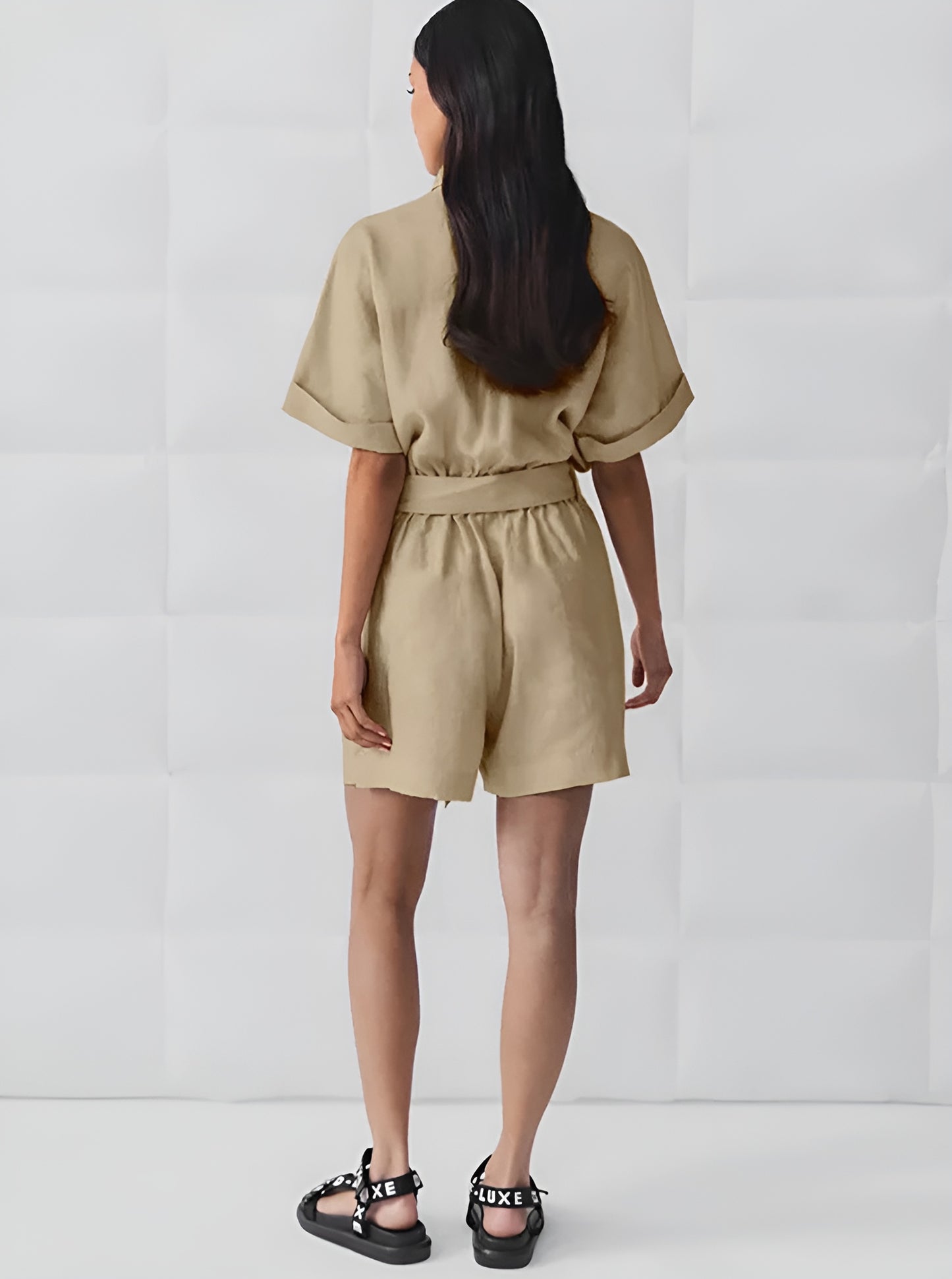 Short Sleeve Button-Front Jumpsuit With Waist Tie