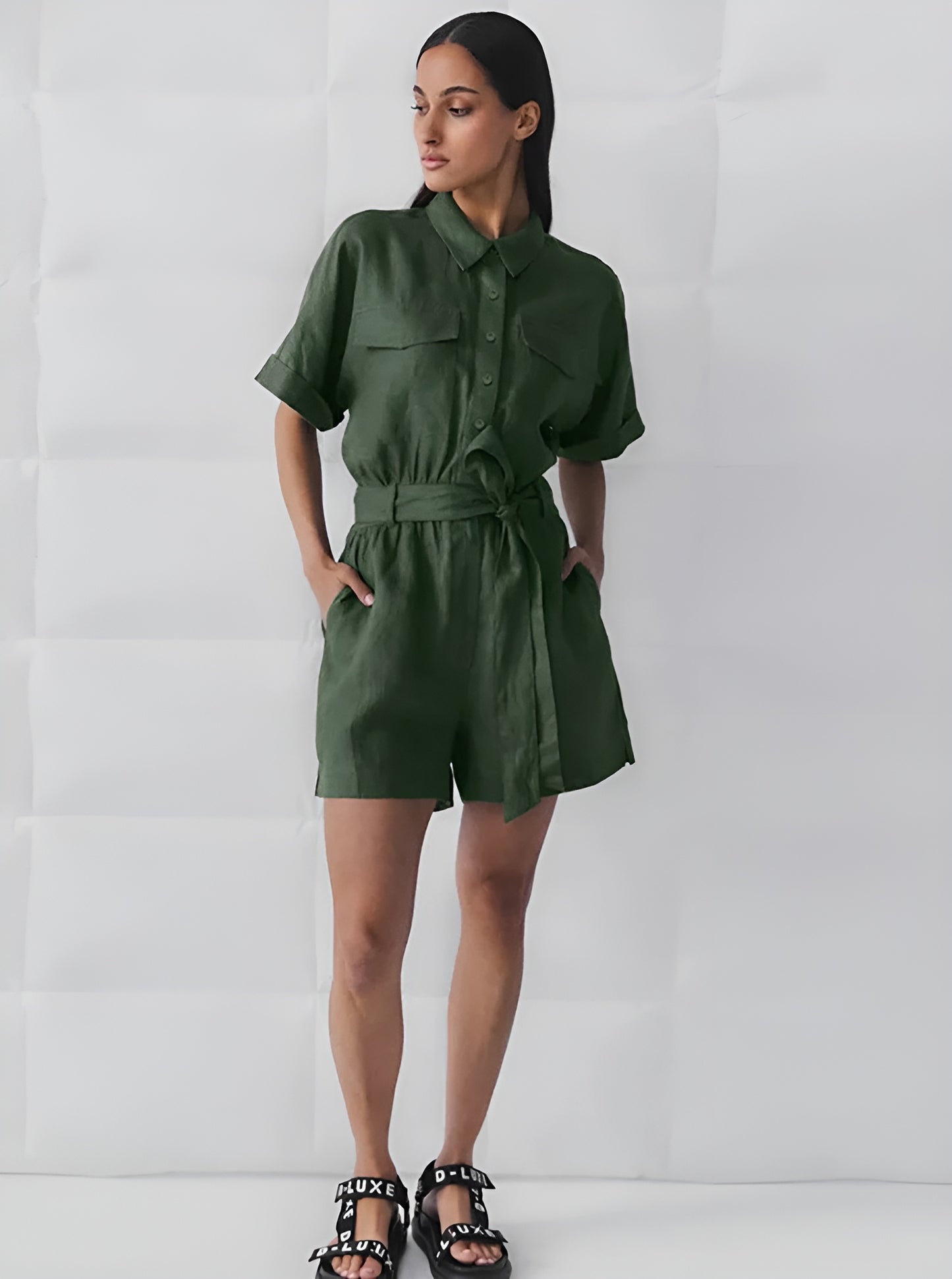 Short Sleeve Button-Front Jumpsuit With Waist Tie