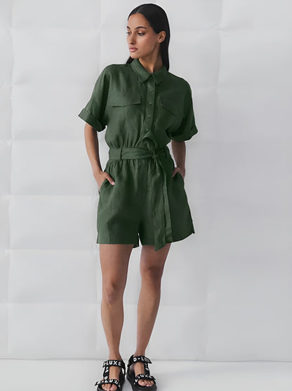 Short Sleeve Button-Front Jumpsuit With Waist Tie