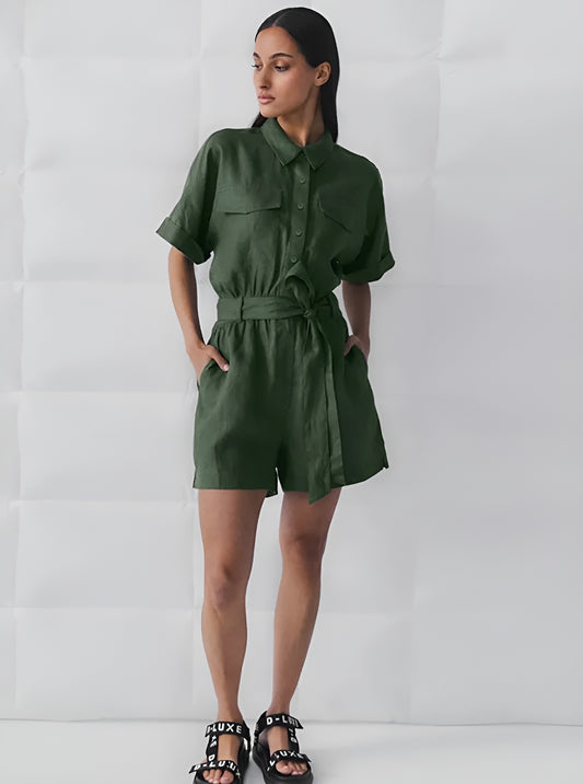 Short Sleeve Button-Front Jumpsuit With Waist Tie