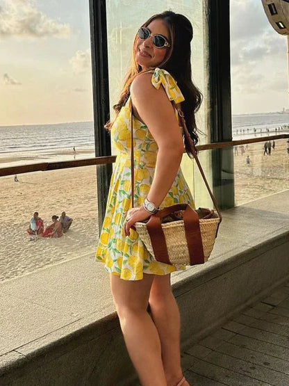 Women’s Sleeveless Square Neck Bow Strap Mini Dress