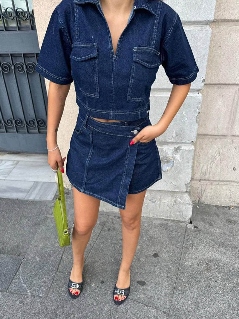 Denim Two-Piece Set with Zip-Up Crop Top