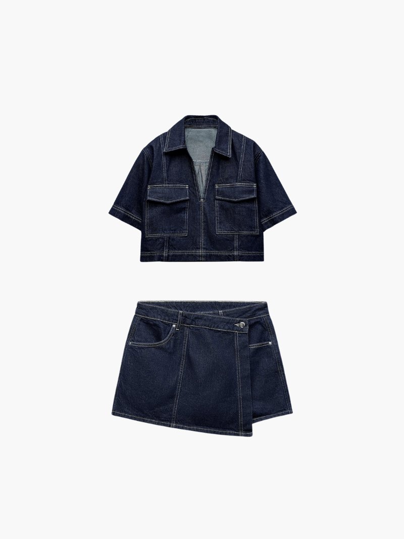 Denim Two-Piece Set with Zip-Up Crop Top