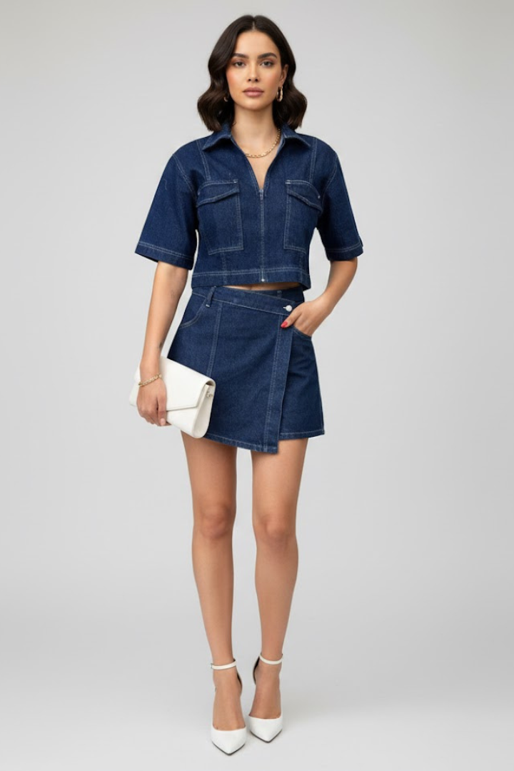 Denim Two-Piece Set with Zip-Up Crop Top