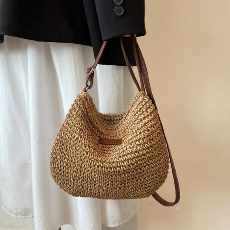 Women’s Shoulder Bag with Woven Surface and Long Strap