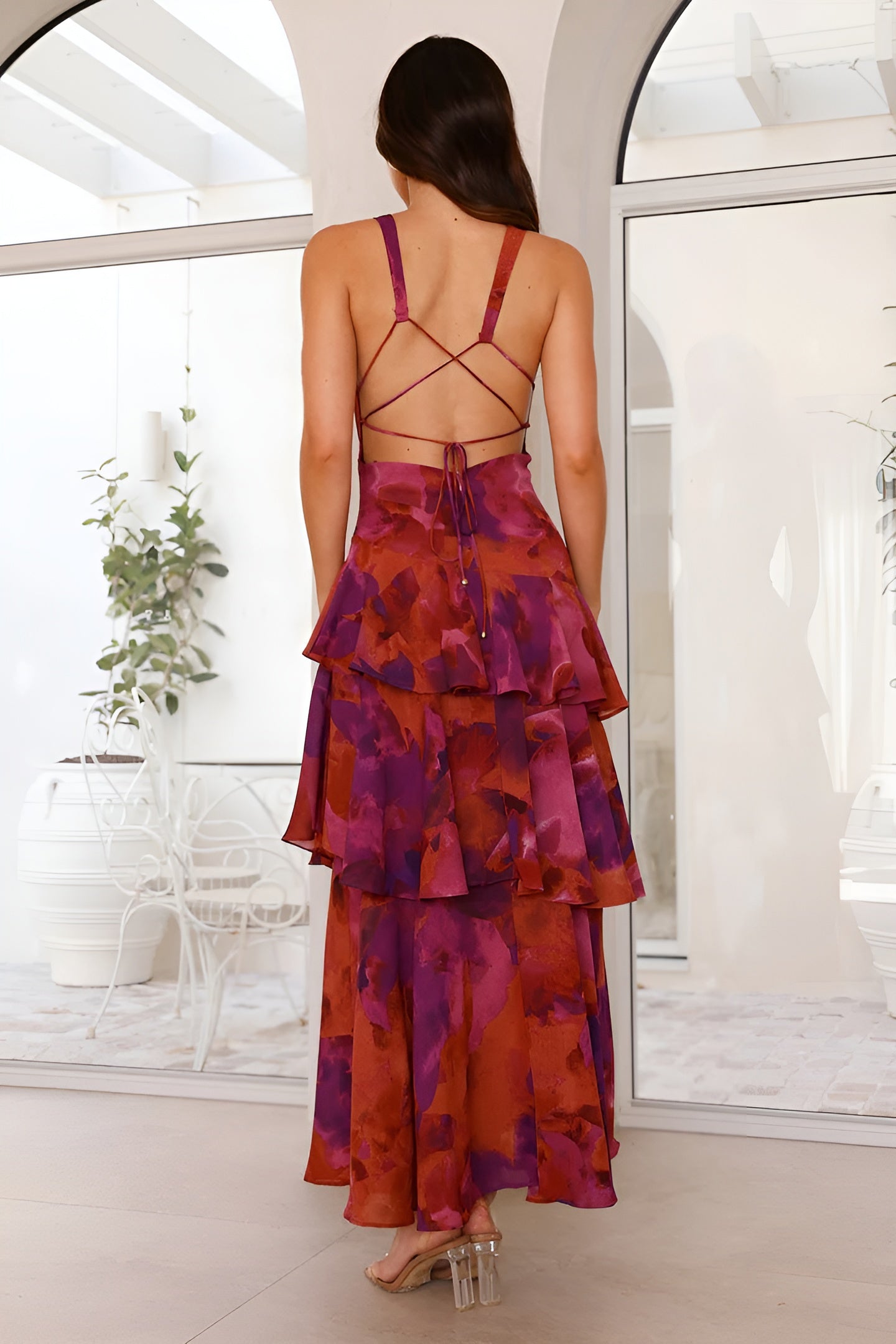 Tiered Chiffon V-Neck Maxi Dress for Women