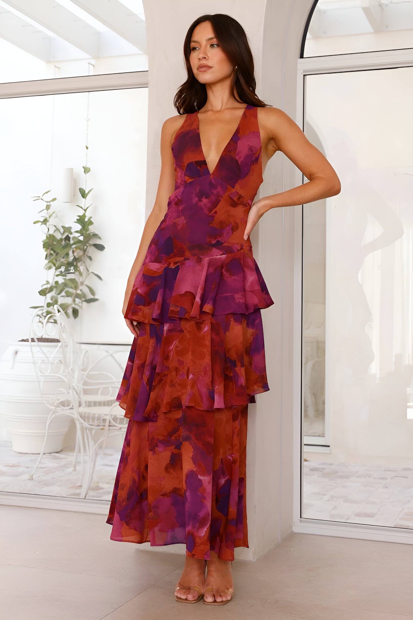 Tiered Chiffon V-Neck Maxi Dress for Women