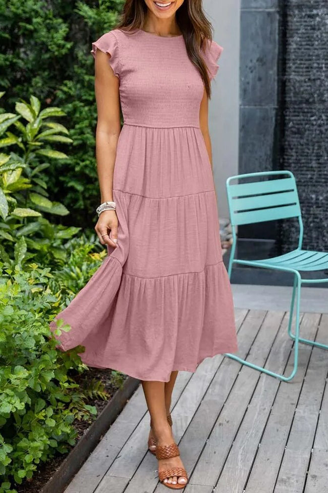 Tiered Mid-Length Dress with Ruffled Cap Sleeves