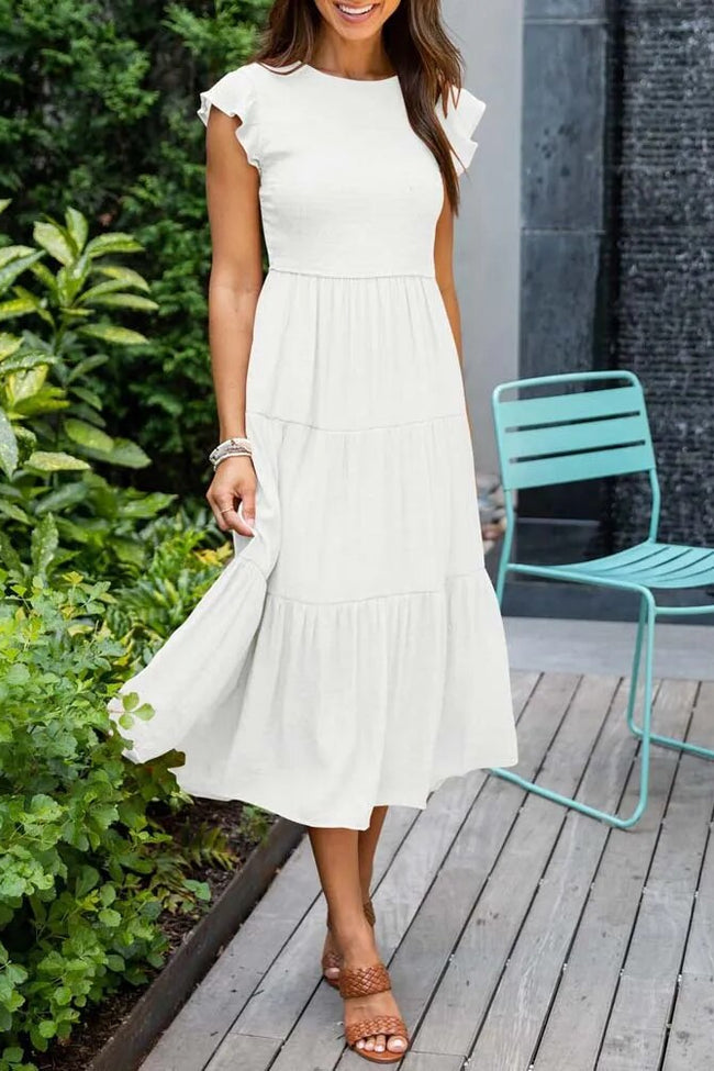 Tiered Mid-Length Dress with Ruffled Cap Sleeves