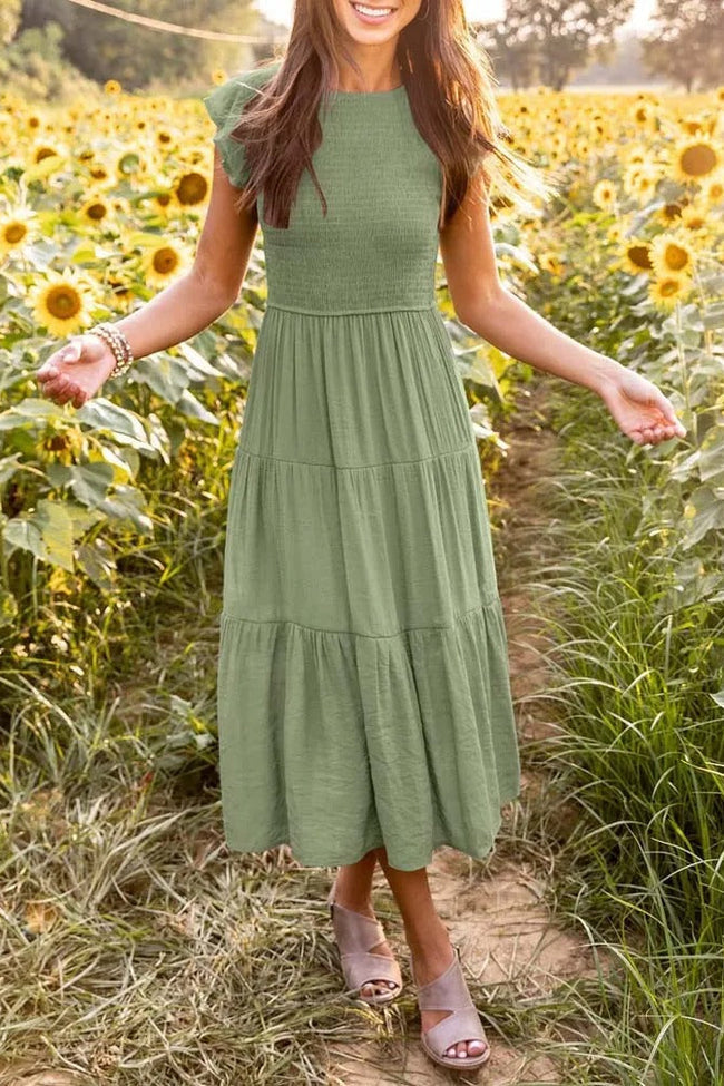Tiered Mid-Length Dress with Ruffled Cap Sleeves