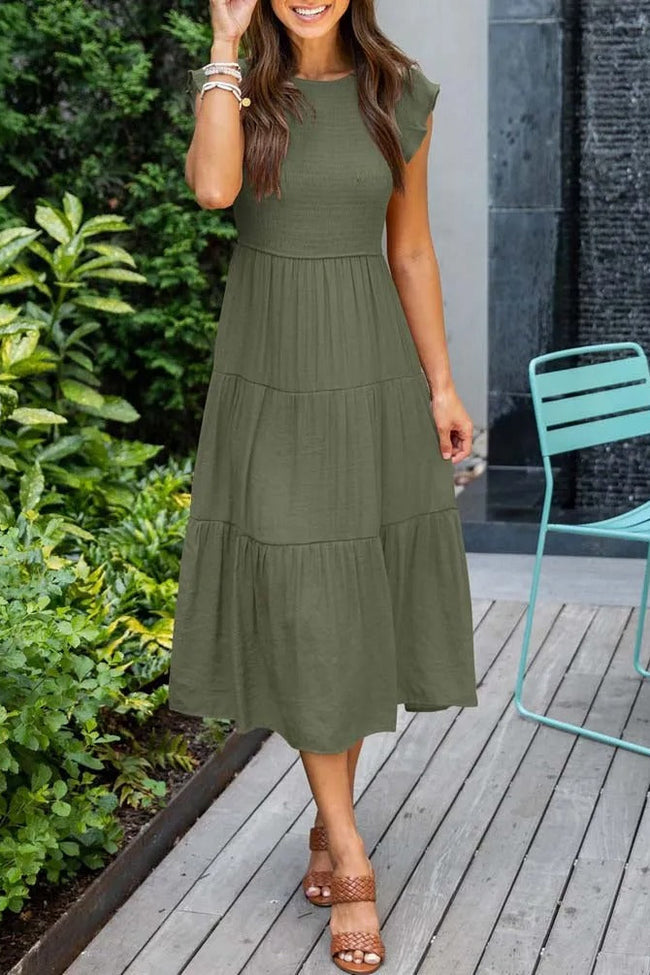 Tiered Mid-Length Dress with Ruffled Cap Sleeves