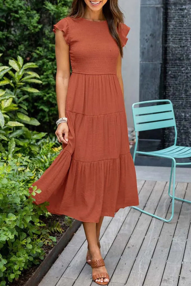 Tiered Mid-Length Dress with Ruffled Cap Sleeves
