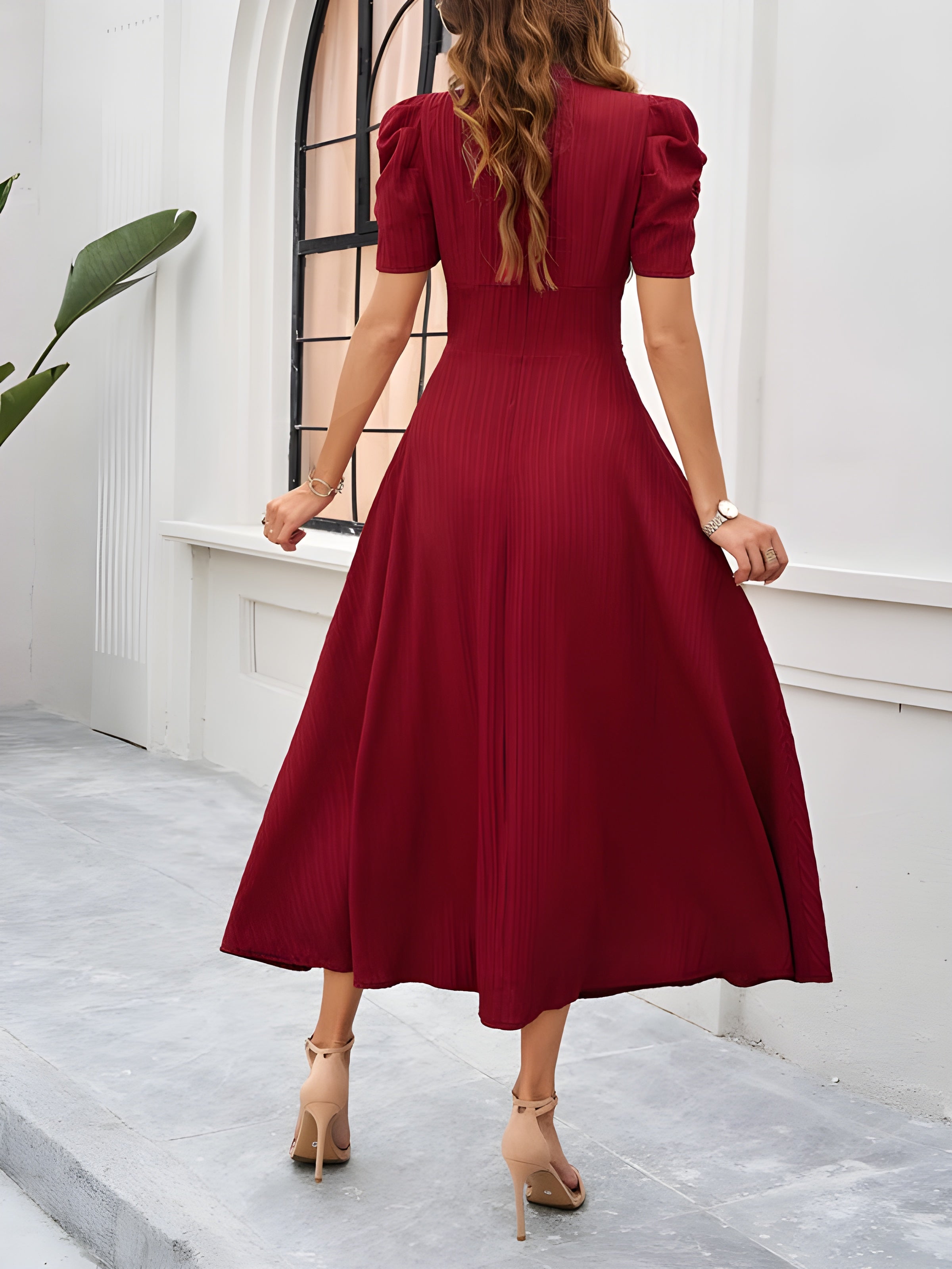 V-Neck Midi Dress With Short Sleeves