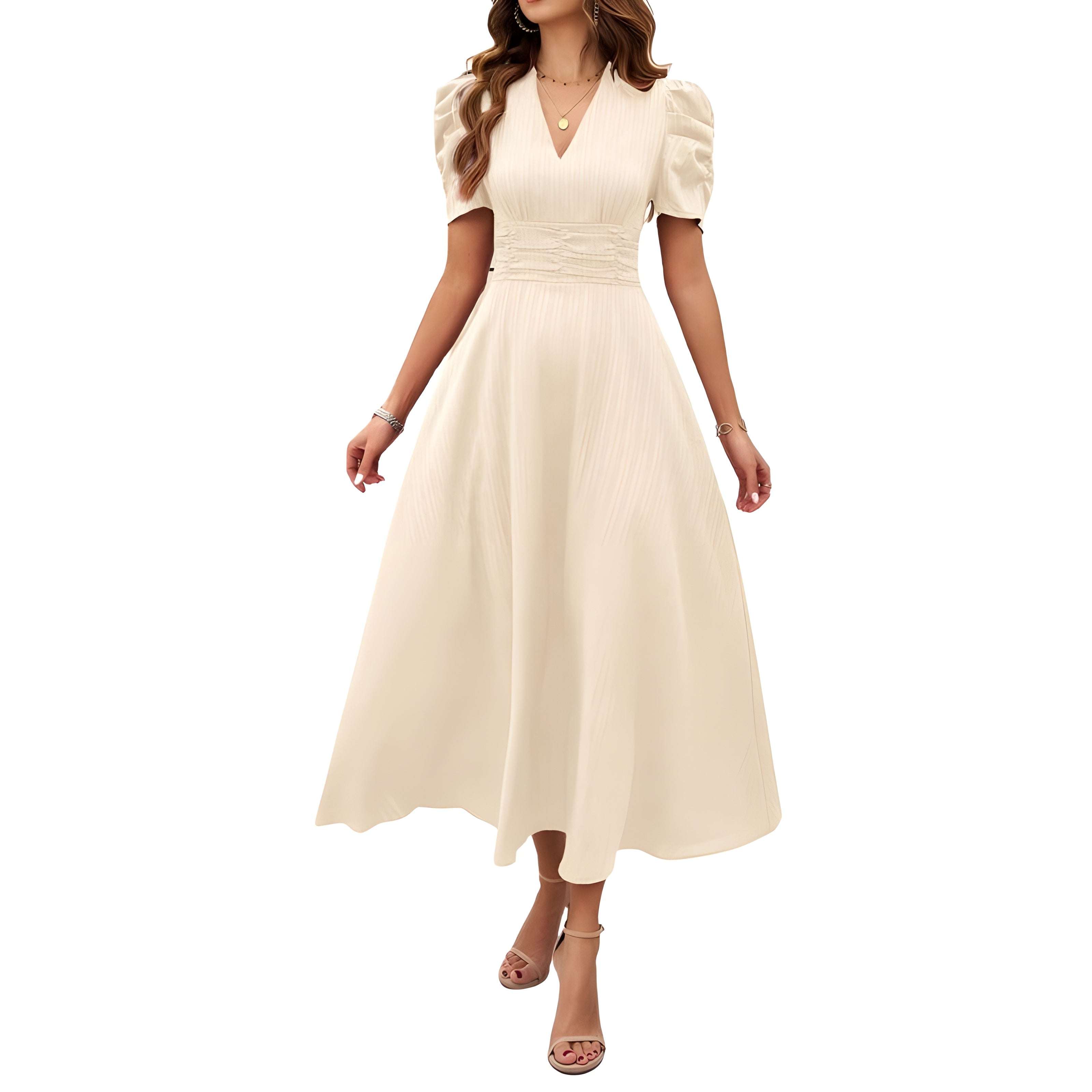 V-Neck Midi Dress With Short Sleeves