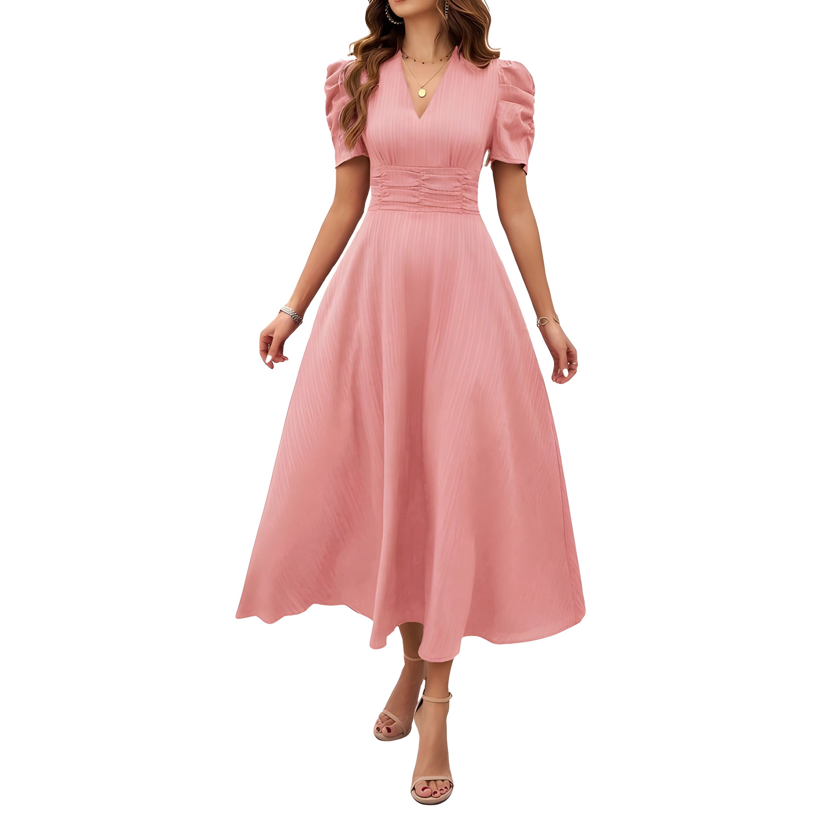 V-Neck Midi Dress With Short Sleeves