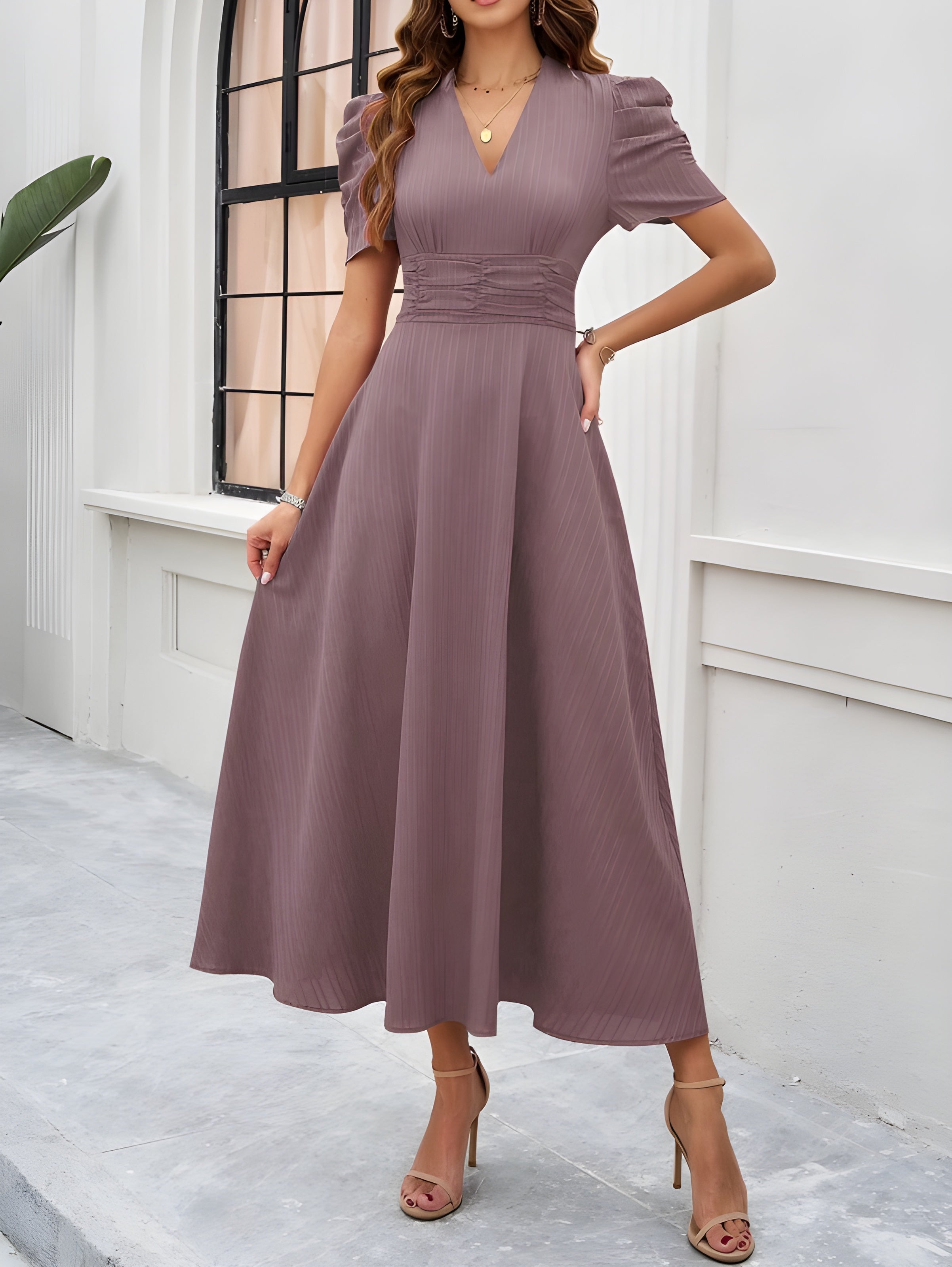 V-Neck Midi Dress With Short Sleeves