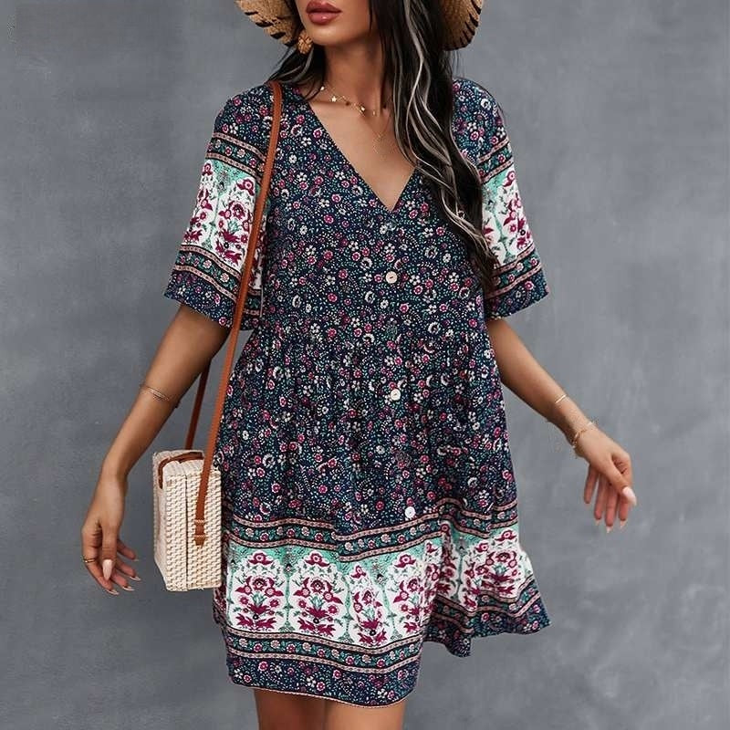V Neck Short Sleeve Dress with Button Front