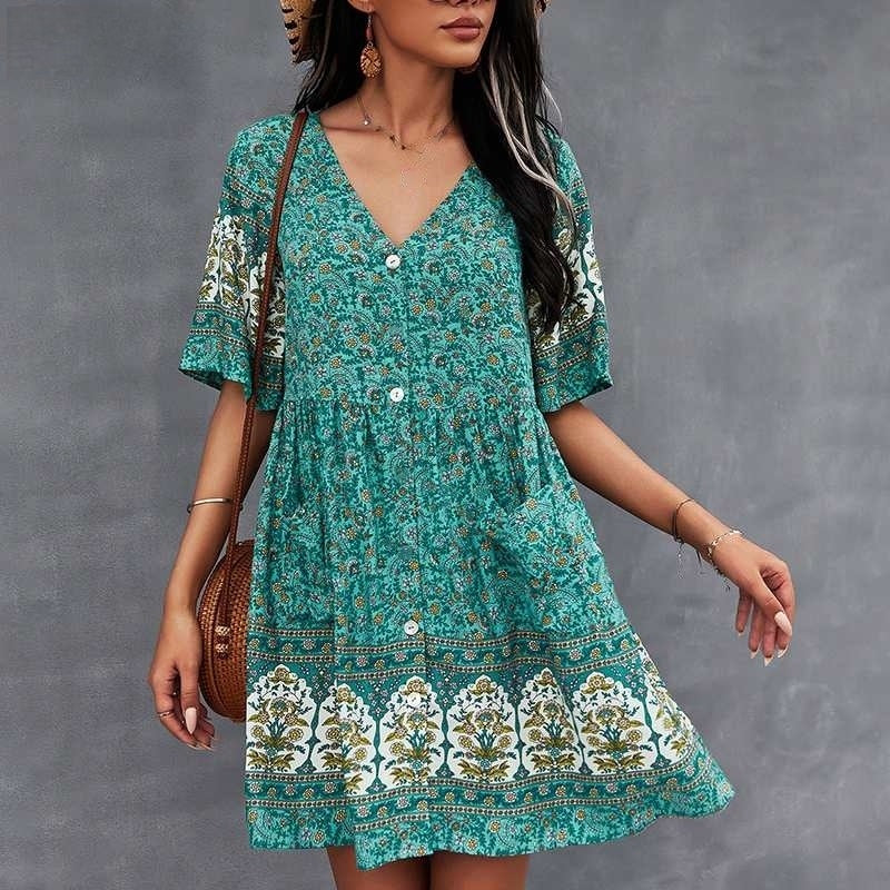 V Neck Short Sleeve Dress with Button Front