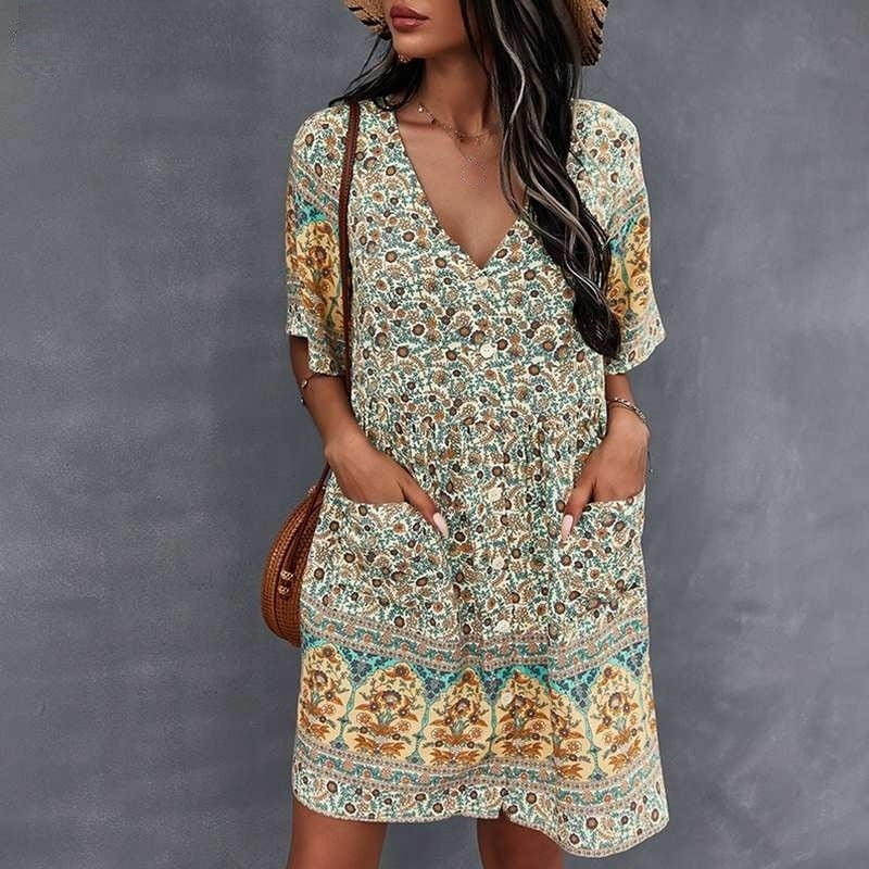 V Neck Short Sleeve Dress with Button Front