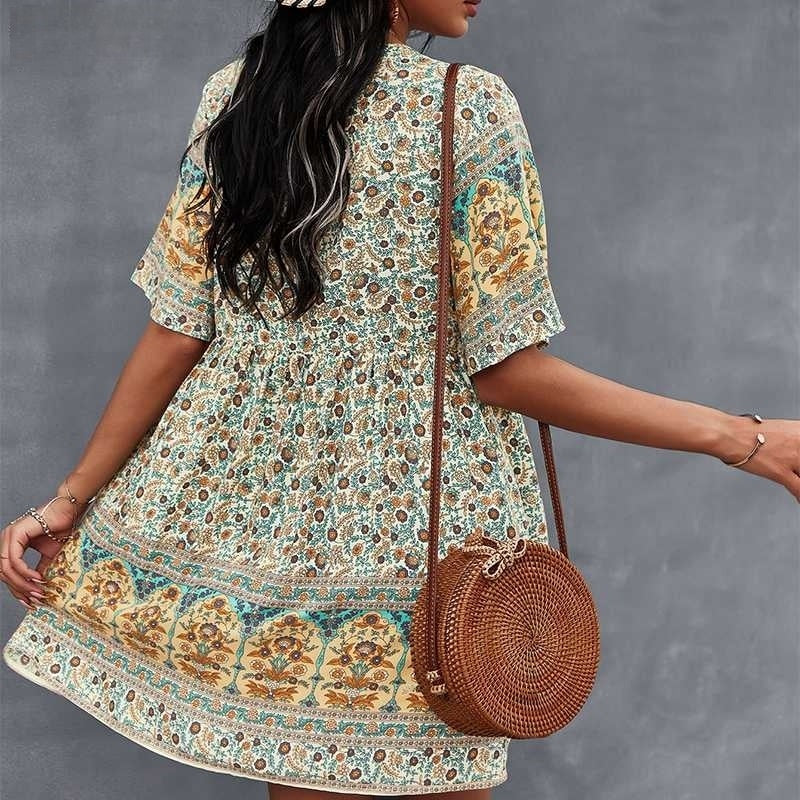 V Neck Short Sleeve Dress with Button Front