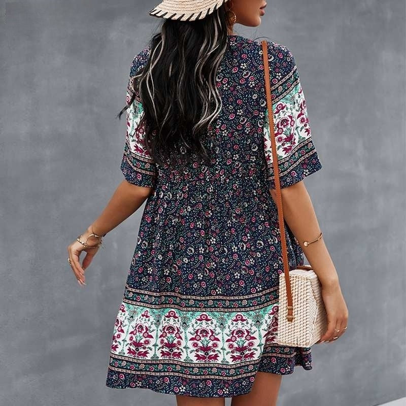 V Neck Short Sleeve Dress with Button Front
